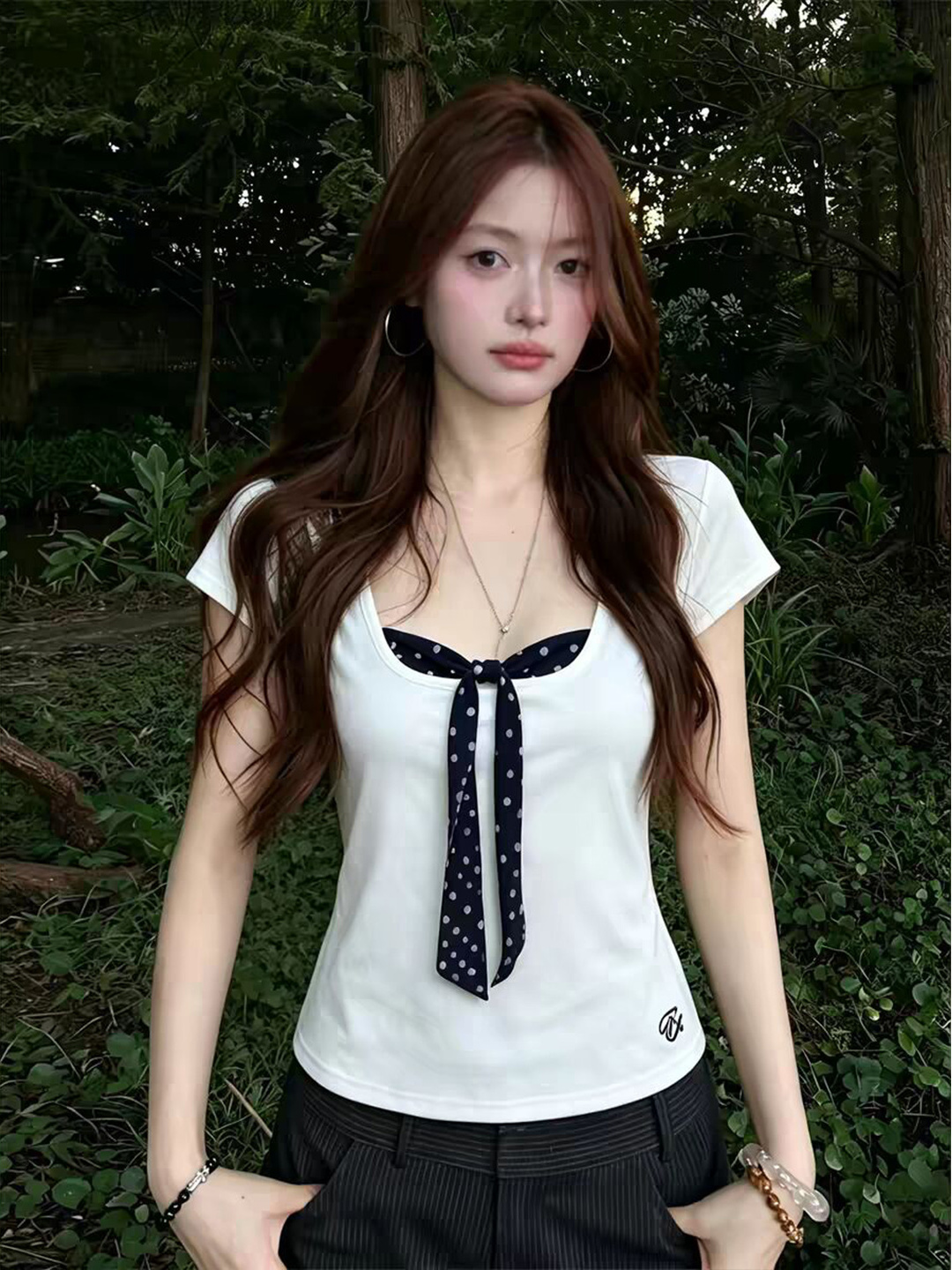 Embellish Knit - Korean Style Knot Short Sleeve T-Shirt