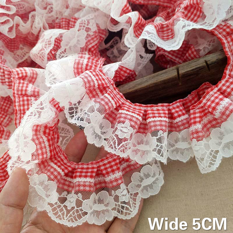 Elastic Lace Trim - 5CM Wide New Red White Plaid
