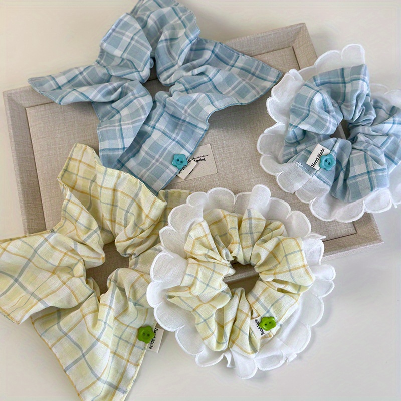 Elastic Lace Trim - Mint-Green Checkered Hair Tie with Lace