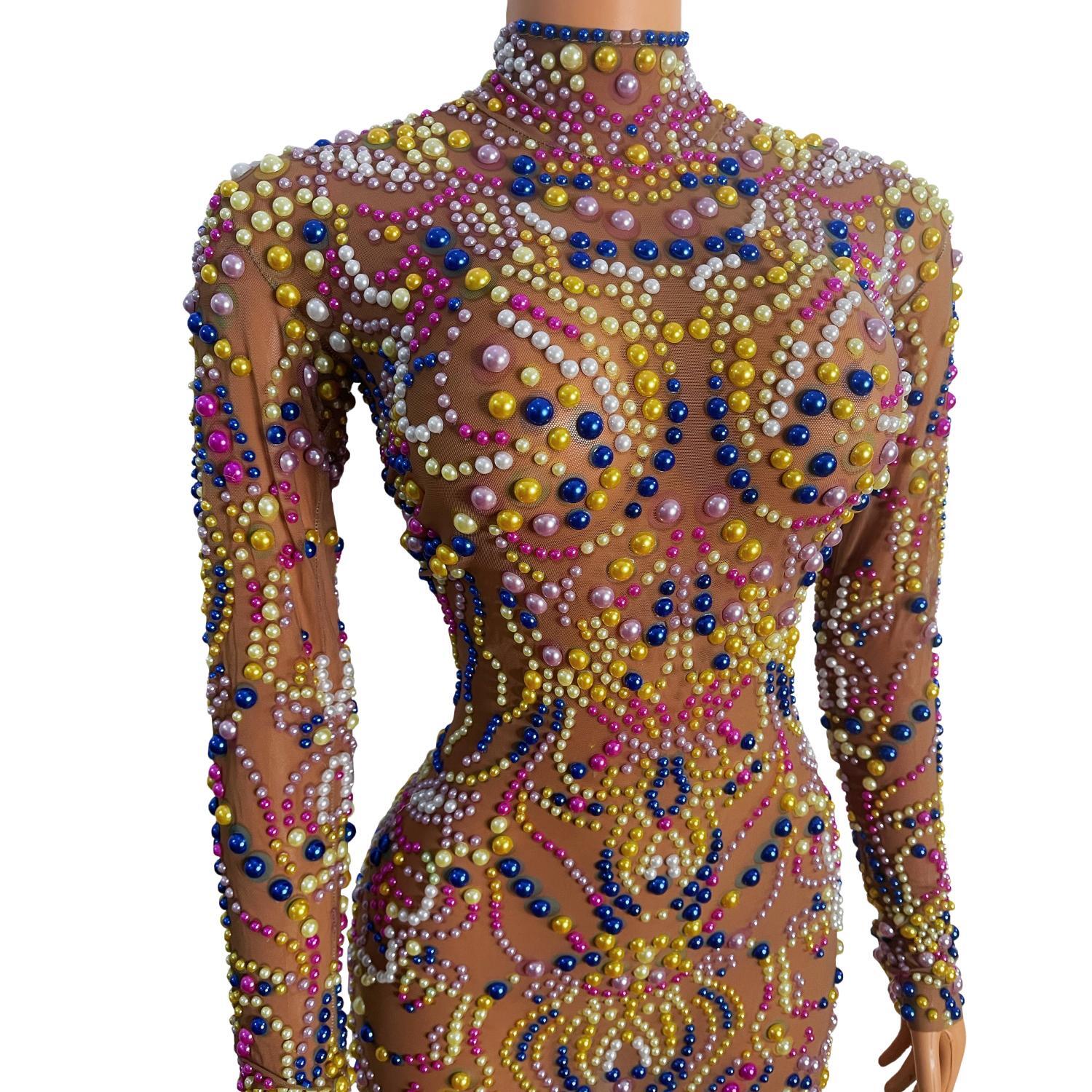 Embellish Knit - Yeguang Women Nude Mesh Multicolor Pearl