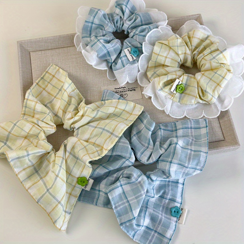 Mint-Green Checkered Hair Tie  - Elastic Lace Trim review and price
