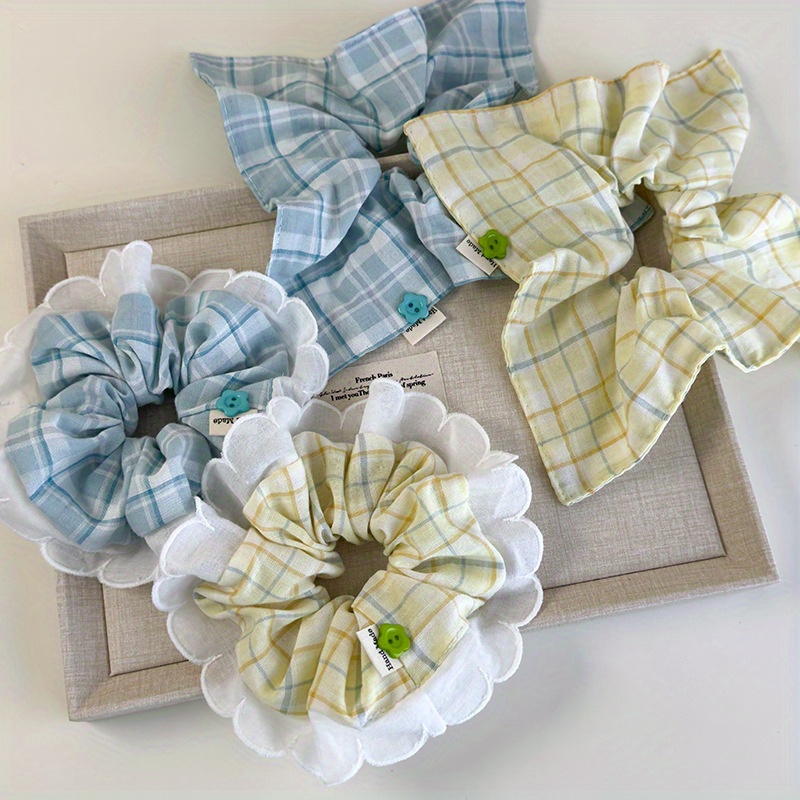 Mint-Green Checkered Hair Tie  - Elastic Lace Trim review and price