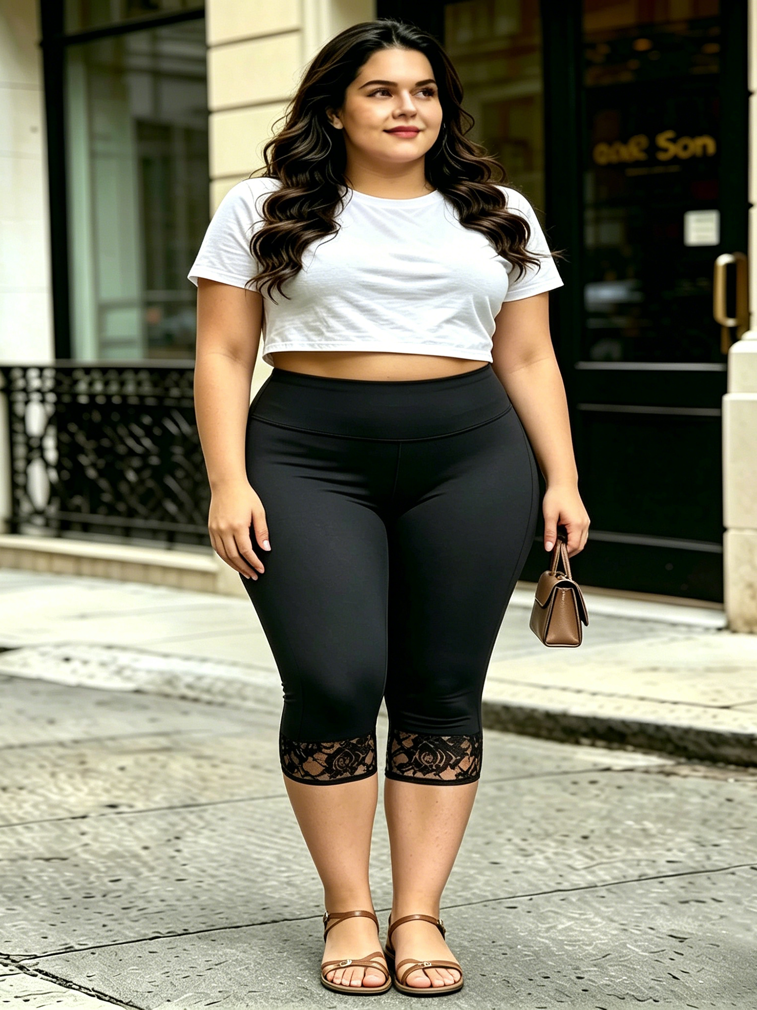 Capri Leggings Cropped Casual  - Elastic Lace Trim review and price