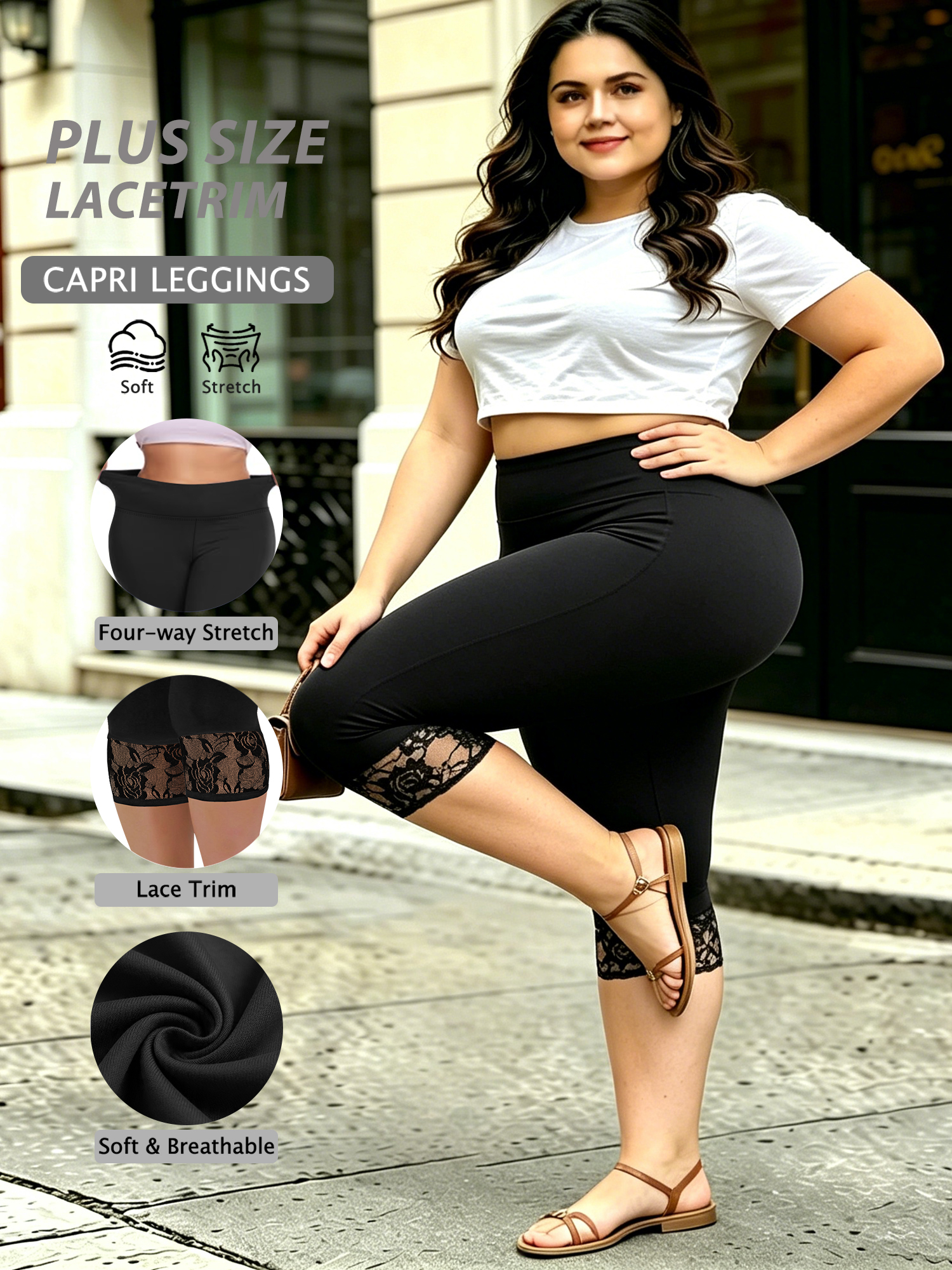Capri Leggings Cropped Casual  - Elastic Lace Trim review and price